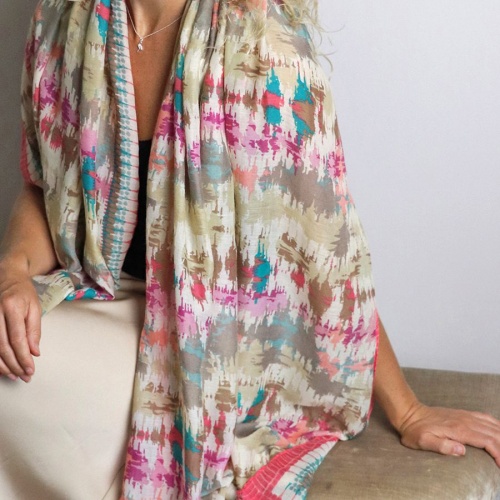 Coral & Beige Mix Soundwave Print Scarf by Peace of Mind